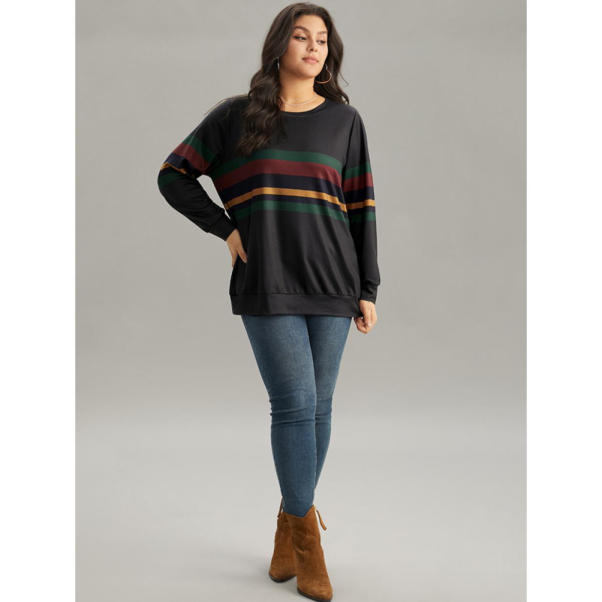 Plus Size Contrast Striped Basic Crew Neck Sweatshirt Women Black Casual Contrast Round Neck Dailywear Sweatshirts BloomChic 28/5X Product Image