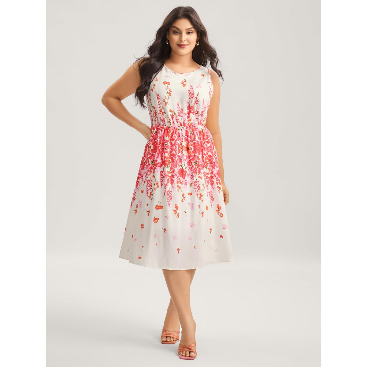 Plus Size Floral Print Cinched-Waist Midi Dress Rosered Women Round Neck Sleeveless Curvy BloomChic 14-16/1X Product Image