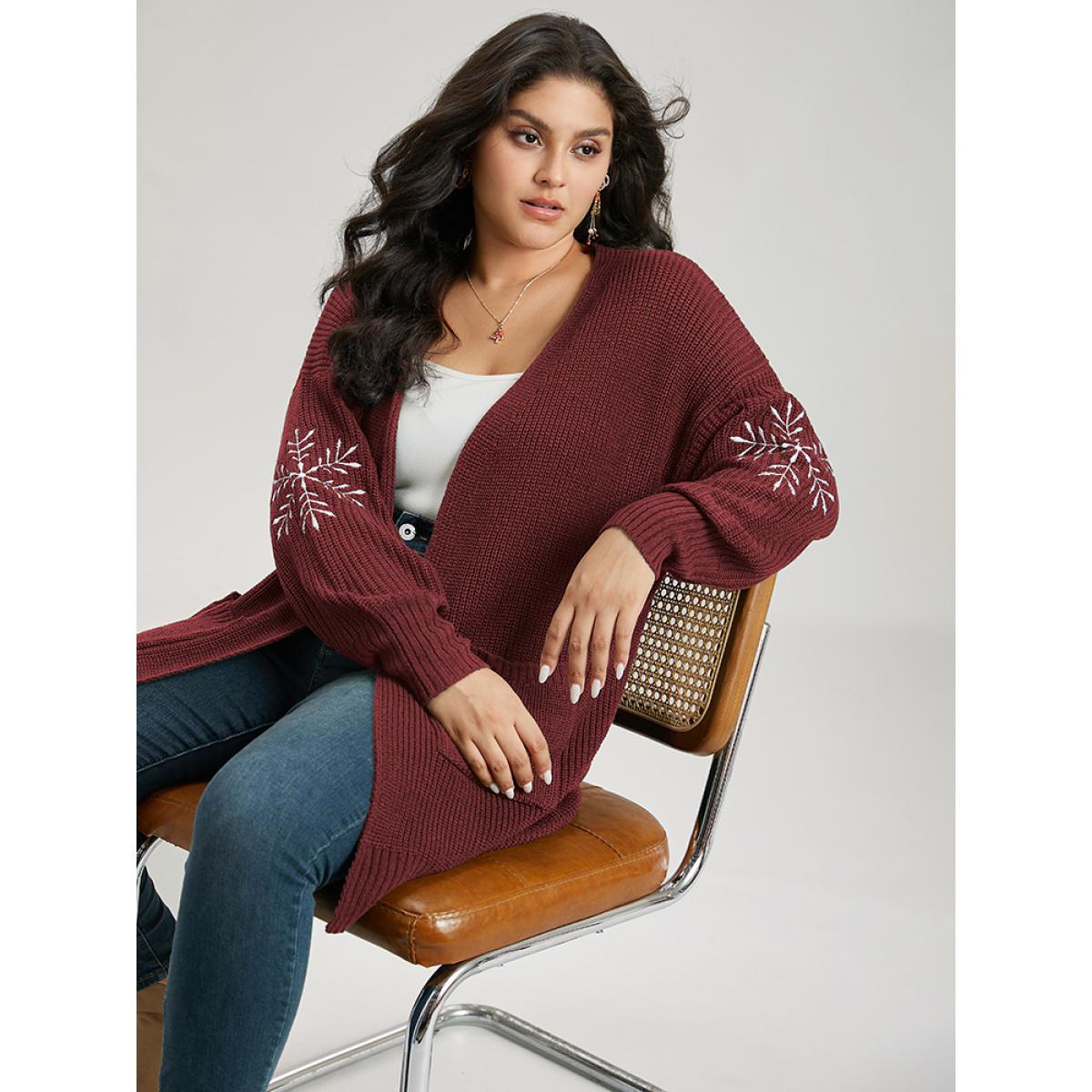 Plus Size Snowflake Embroidered Patched Pocket Cardigan Scarlet Women Casual Loose Long Sleeve Festival-Christmas Cardigans BloomChic 28/5X Product Image