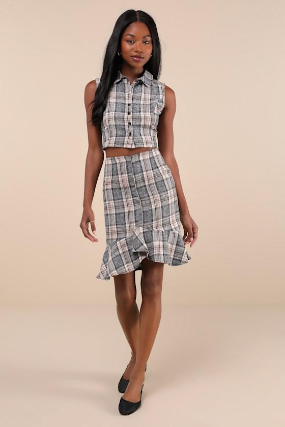 Convincingly Posh Grey Faded Plaid Ruffle Hem Midi Skirt Product Image