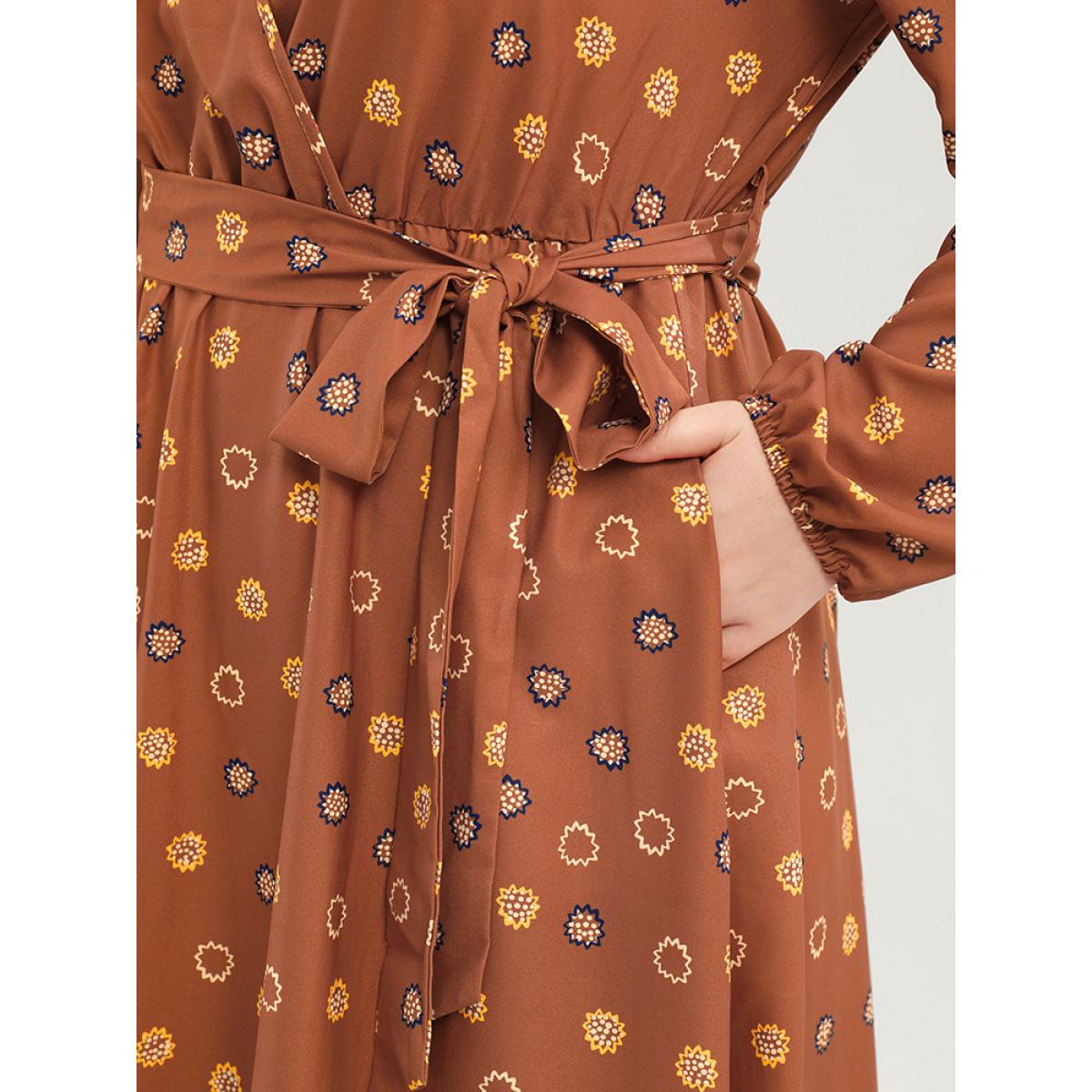 Plus Size Polka Dot Lantern Sleeve Pocket Belted Surplice Neck Maxi Dress Bronze Women Vacation V-neck Long Sleeve Curvy Long Dress BloomChic 14-16/1X Product Image