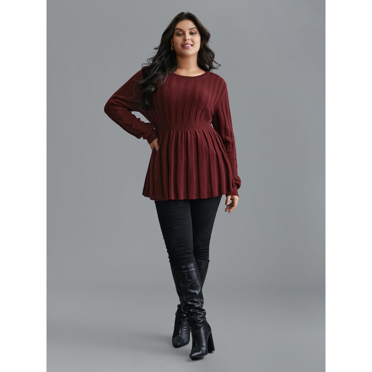 Plus Size Plain Cable Knit Pleated Texture Pullover Deepred Women Casual Bodycon Long Sleeve Round Neck Everyday Pullovers BloomChic 12/L Product Image