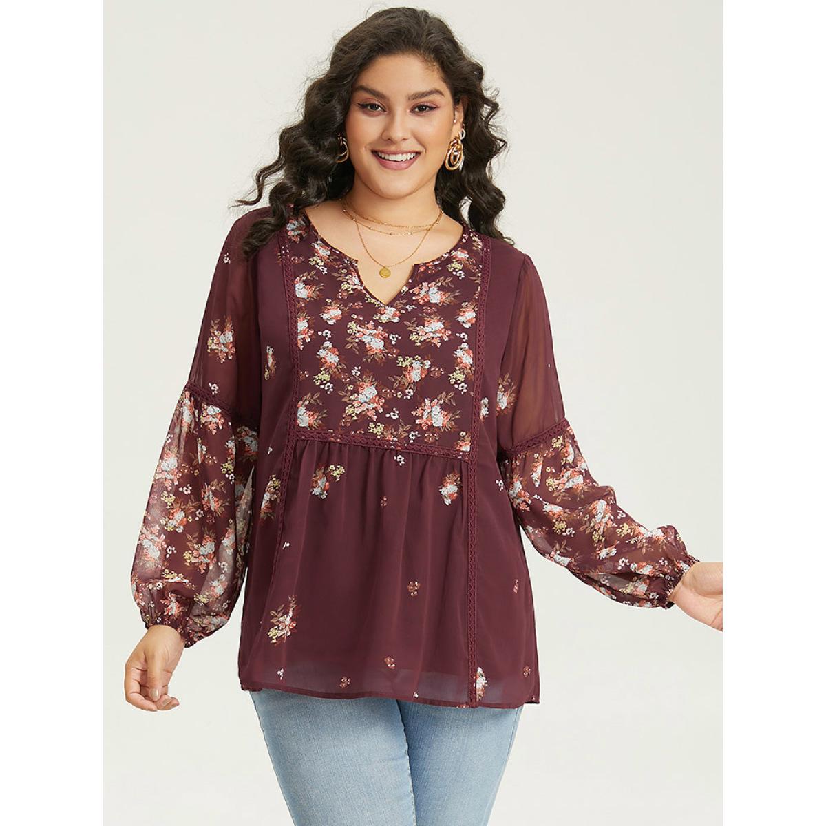 Plus Size Scarlet Floral Print Mesh Lace Patchwork Lantern Sleeve Blouse Women Elegant Long Sleeve V-neck Dailywear Blouses BloomChic 18-20/2X Product Image