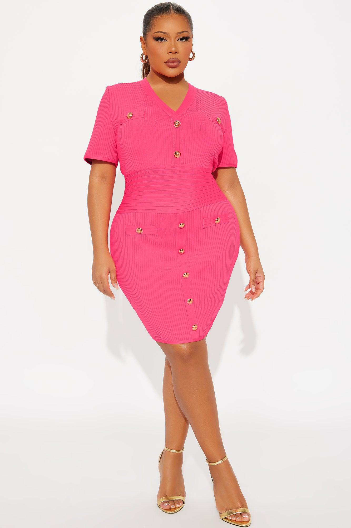 Brielle Button Short Sleeve Bandage Mini Dress - Hot Pink Female Product Image