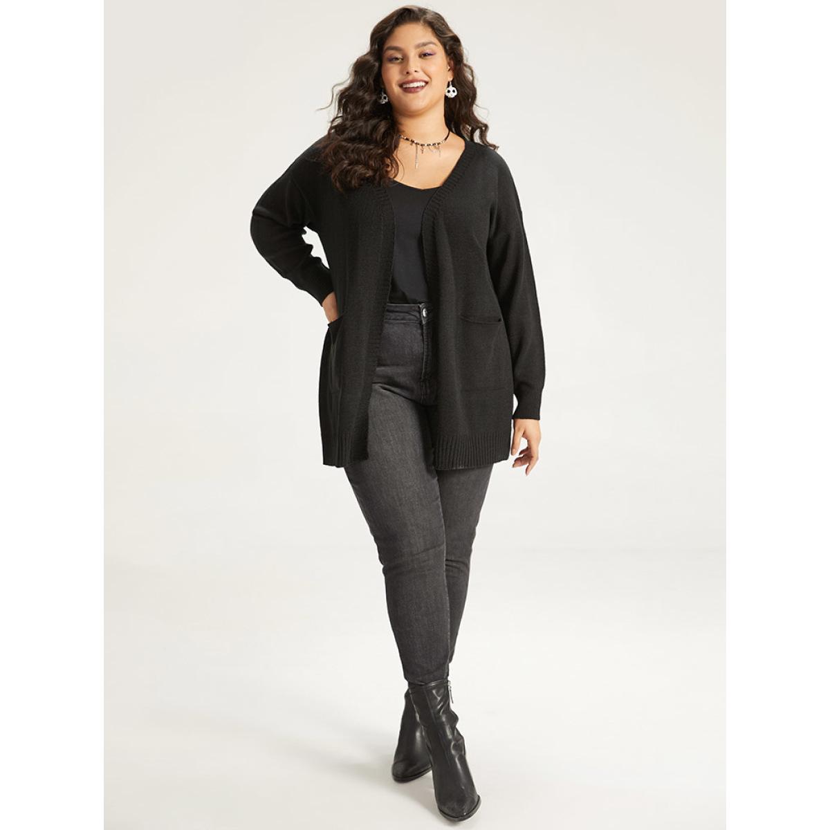 Plus Size Halloween Skull Print Contrast Patched Pocket Cardigan Black Women Casual Loose Long Sleeve Festival-Halloween Cardigans BloomChic 26/4X Product Image