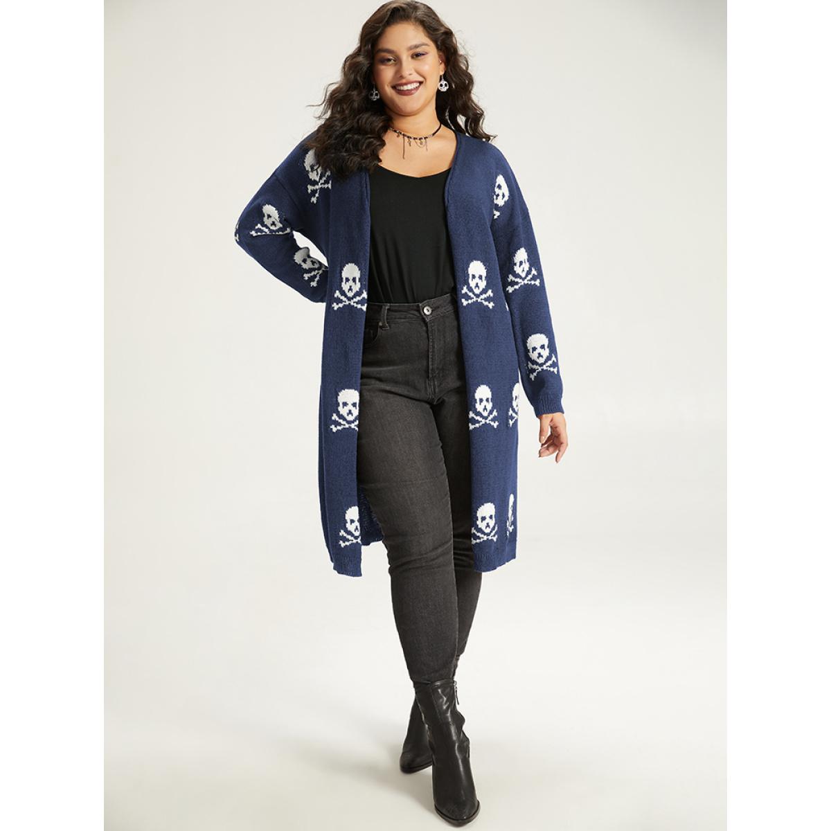 Plus Size Halloween Skull Print Split Side Drop Shoulder Maxi Cardigan Indigo Women Casual Loose Long Sleeve Festival-Halloween Cardigans BloomChic 22-24/3X Product Image