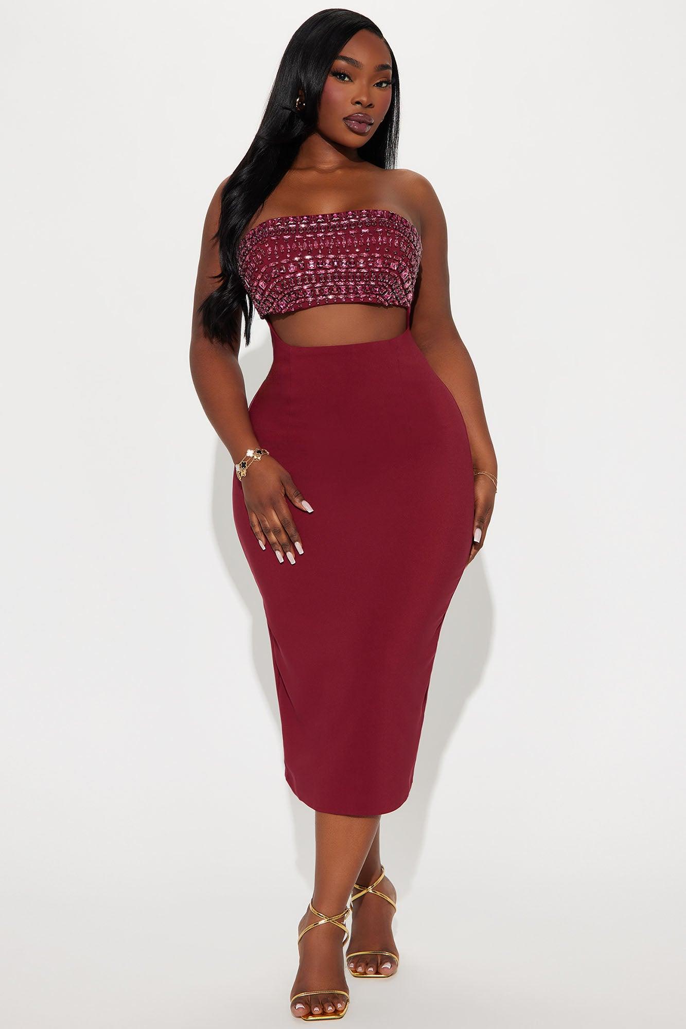 Piece of Love Rhinestone Midi Dress - Burgundy Product Image