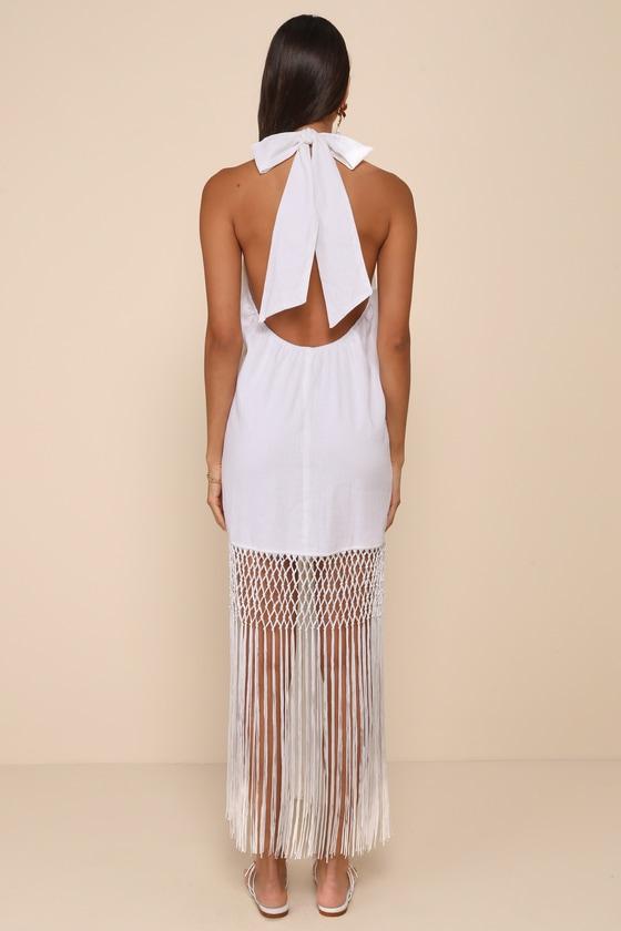 Perfect Sunshine White Linen Fringe Halter Maxi Dress Product Image