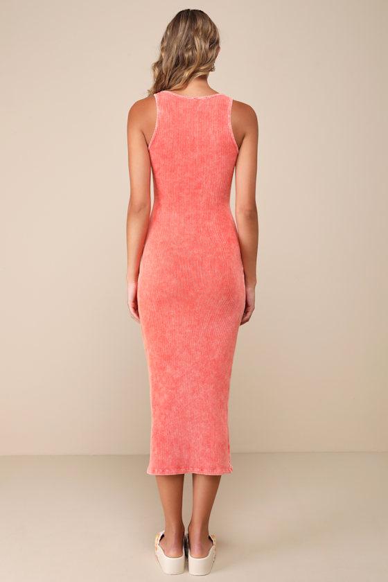 Memorable Instinct Coral Pink Washed Ribbed Paneled Midi Dress Product Image