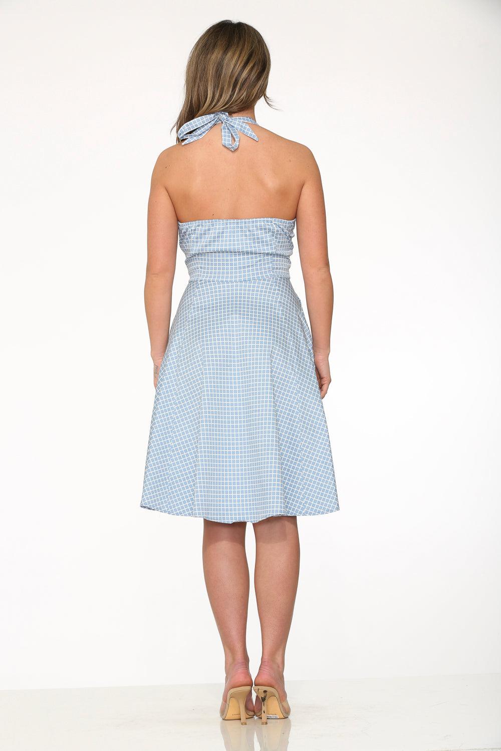 Blue White Checkmate Halter Swing Dress Product Image