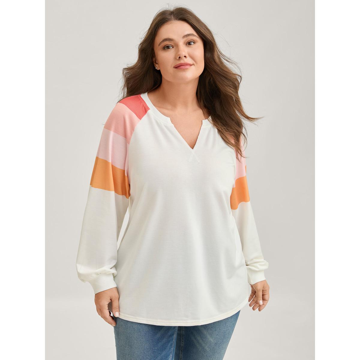 Plus Size Color Block Notched Collar Sweatshirt Women WhiteSmoke Contrast Flat collar with V-notch Casual Sweatshirts BloomChic 10/M Product Image