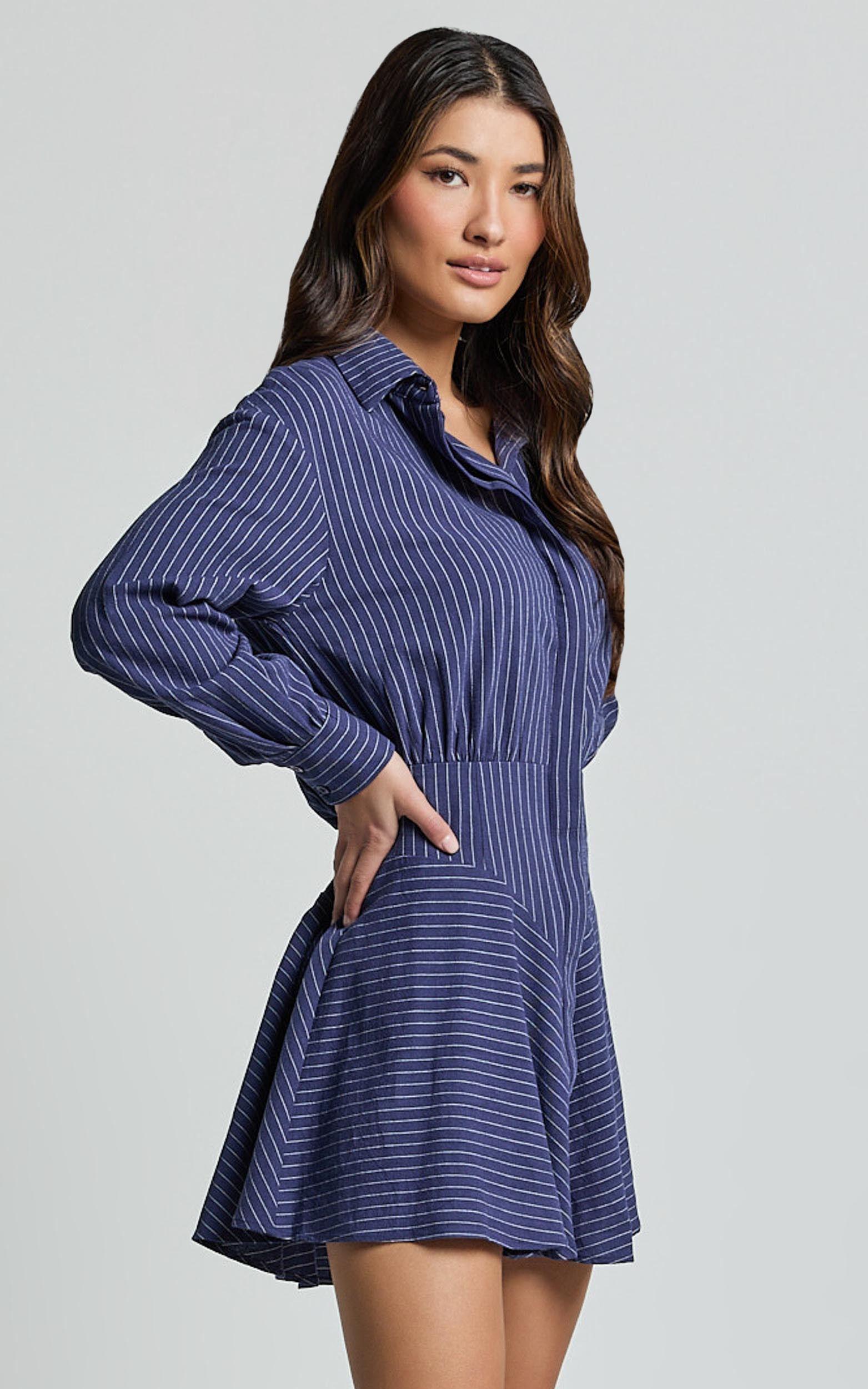 Whitney Mini Dress - Linen Long Sleeve Shirt Dress in Navy Product Image