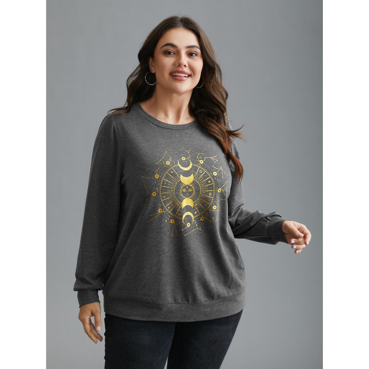 Plus Size Star & Moon Print Round Neck Sweatshirt Women DimGray Casual Non Round Neck Everyday Sweatshirts BloomChic 10/M Product Image