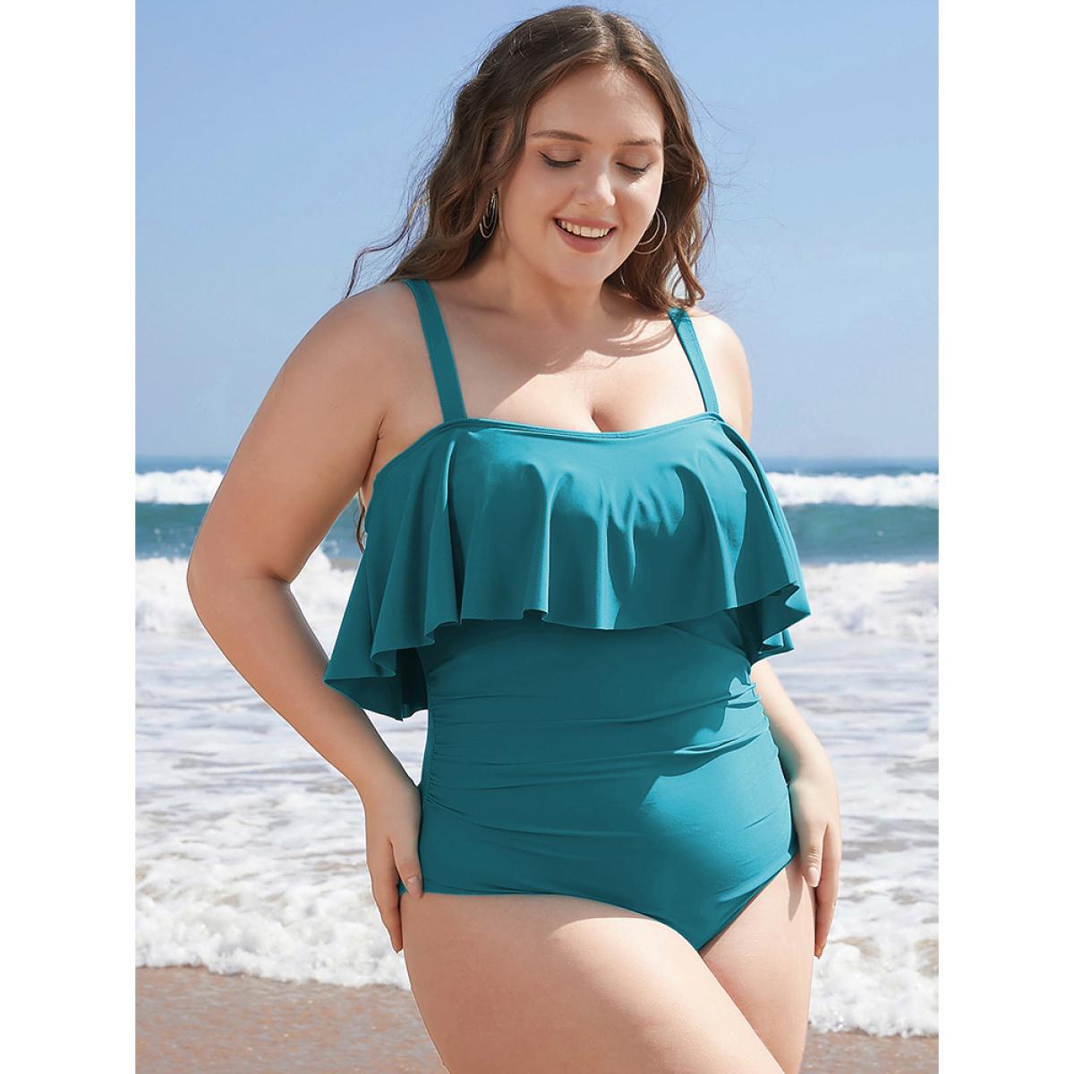 Plus Size Ruffle Trim Sculpt Waist Ruched Front One Piece Swimsuit Women's Swimwear Blue Vacation Adjustable Straps Curve Bathing Suits High stretch One Pieces BloomChic 18-20/2X Product Image