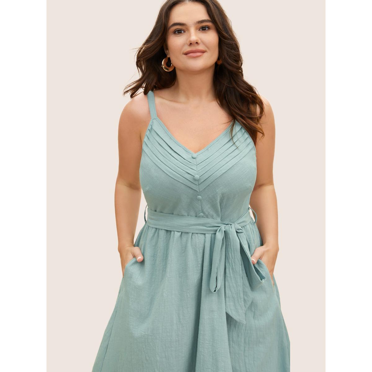 Plus Size Cotton Solid Pleated Button Detail Belted Dress Mint Women Casual Belted V-neck Sleeveless Curvy BloomChic 26/4X Product Image