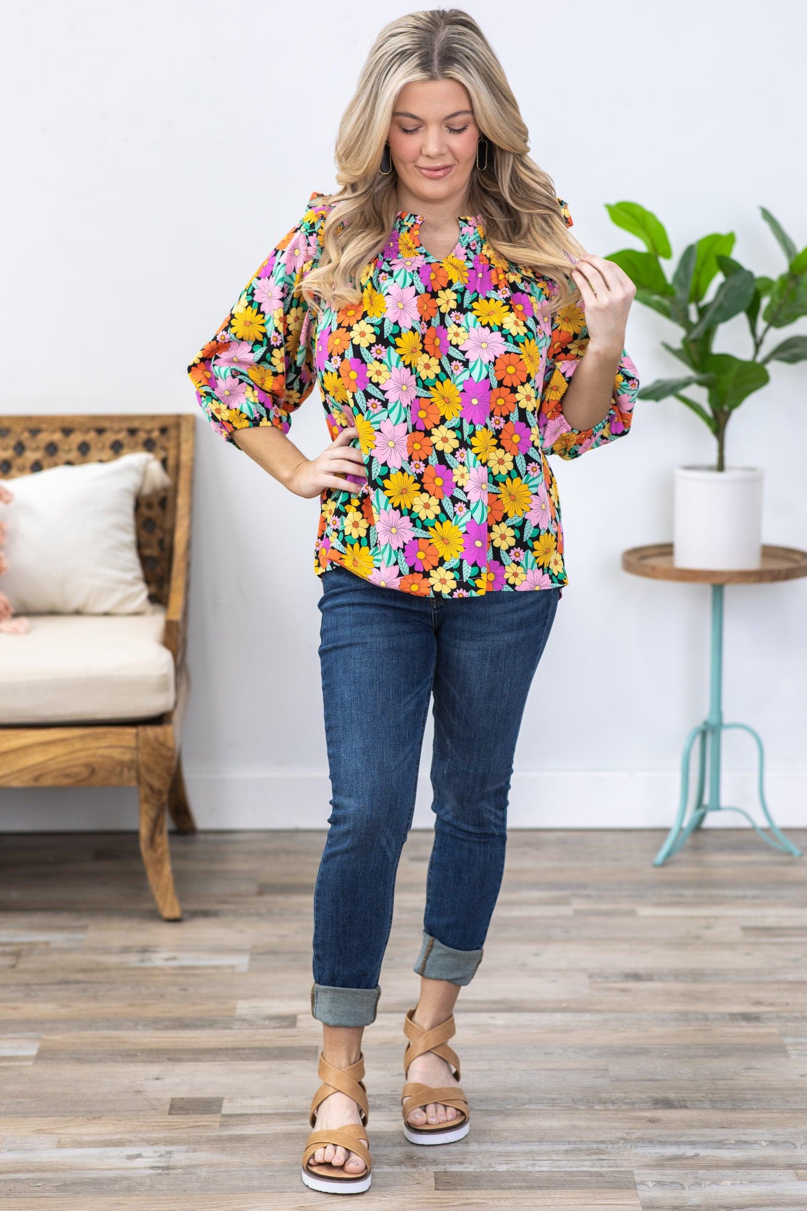 Black Flower Print V-Notched Woven Top Product Image