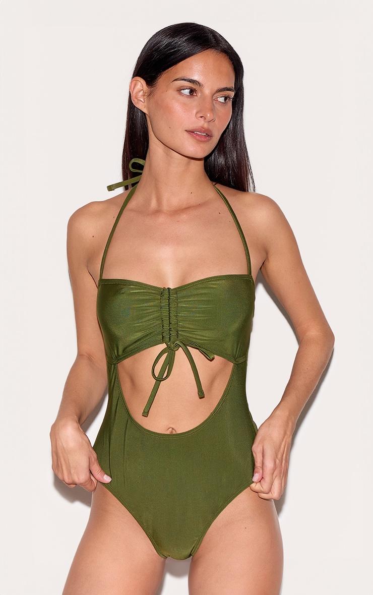 Khaki Halter Neck Cut Out Swimsuit Product Image