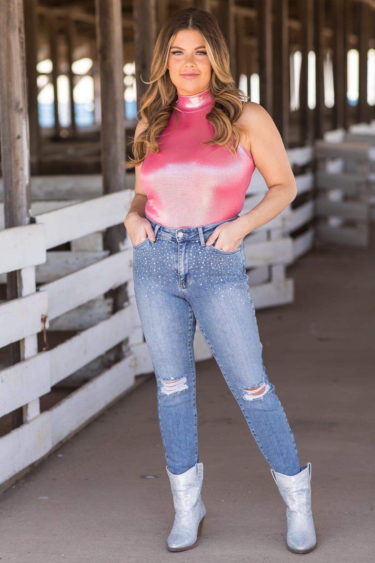 Hot Pink Metallic Mock Neck Bodysuit Product Image