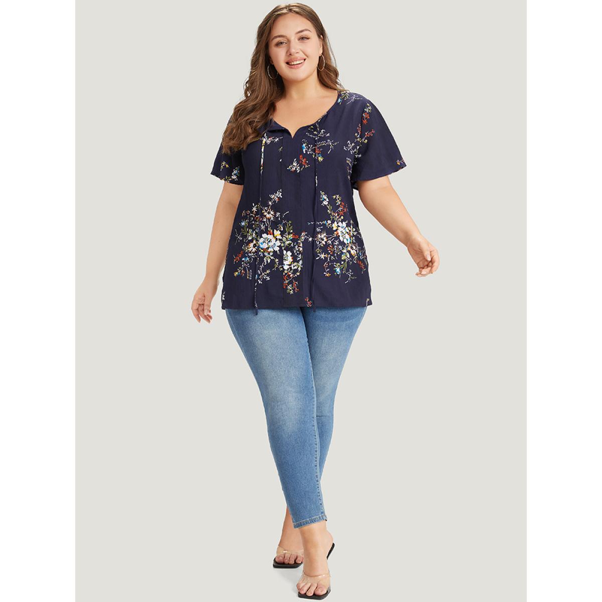 Plus Size Blue Floral Print Knot Neck Blouse Women Elegant Short sleeve Tie Neck Dailywear Blouses BloomChic 10/M Product Image