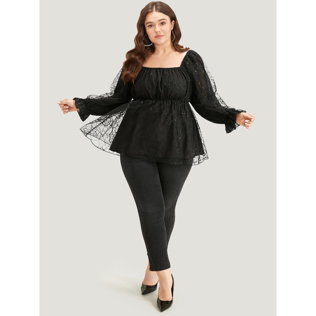 Plus Size Black Halloween Square Neck Spider Web Crochet Lace Mesh Blouse Women Glamour Long Sleeve Square Neck Festival-Halloween Blouses BloomChic 26/4X Product Image