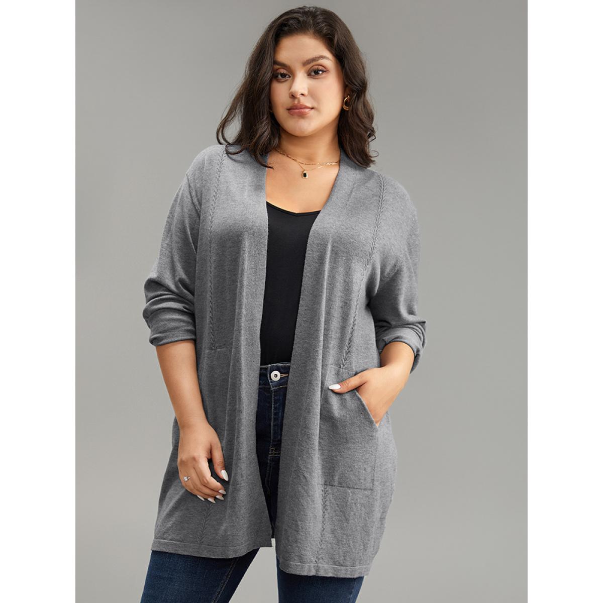 Plus Size Supersoft Essentials Solid Loose Patched Pocket Cardigan Gray Women Casual Loose Long Sleeve Everyday Cardigans BloomChic 18-20/2X Product Image