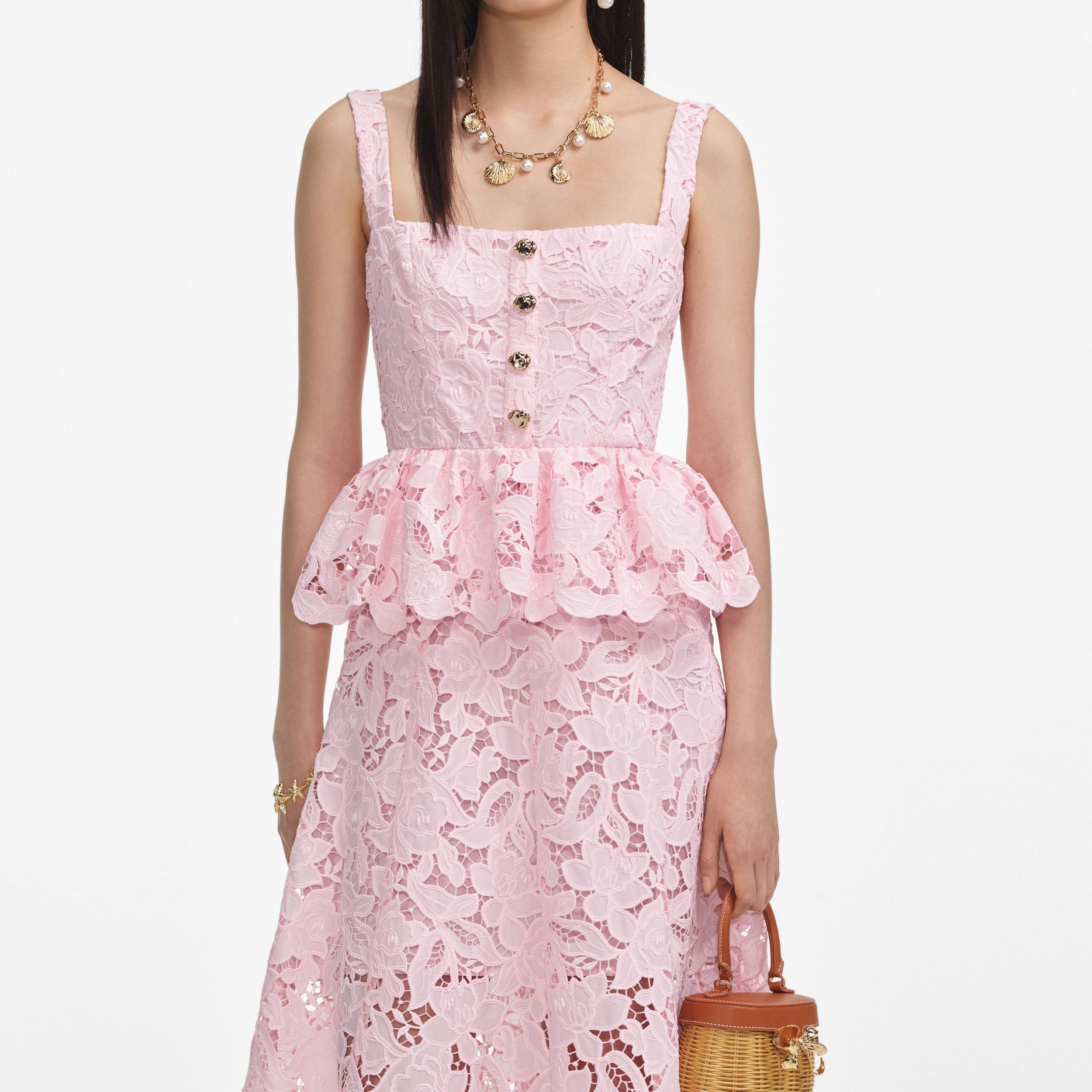 Pink Lace Peplum Midi Dress Product Image