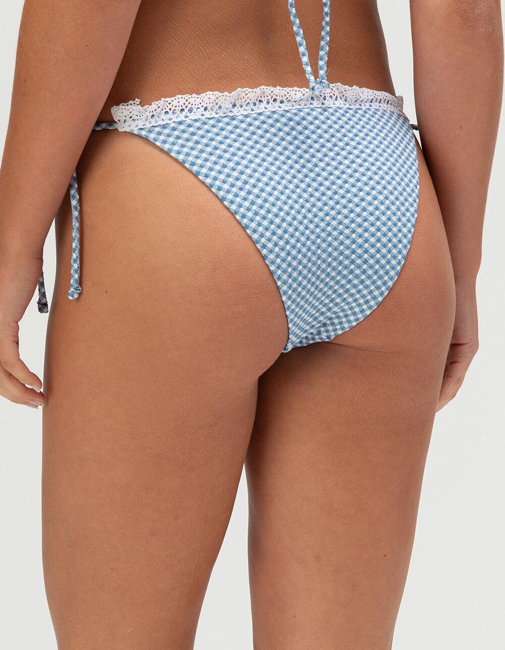 FULL TILT Texture Gingham Tie Side Cheeky Bikini Bottoms - BLUE COMBO Product Image