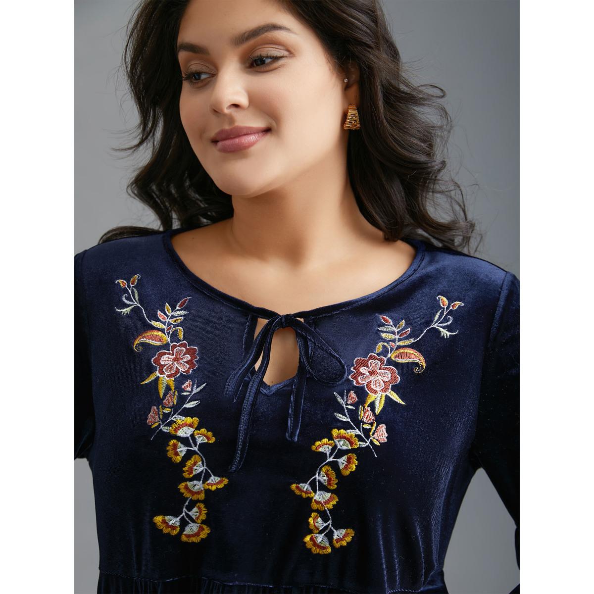Plus Size Indigo Floral Embroidered Velvet Tie Knot Blouse Women Elegant Long Sleeve V-neck Everyday Blouses BloomChic 14-16/1X Product Image