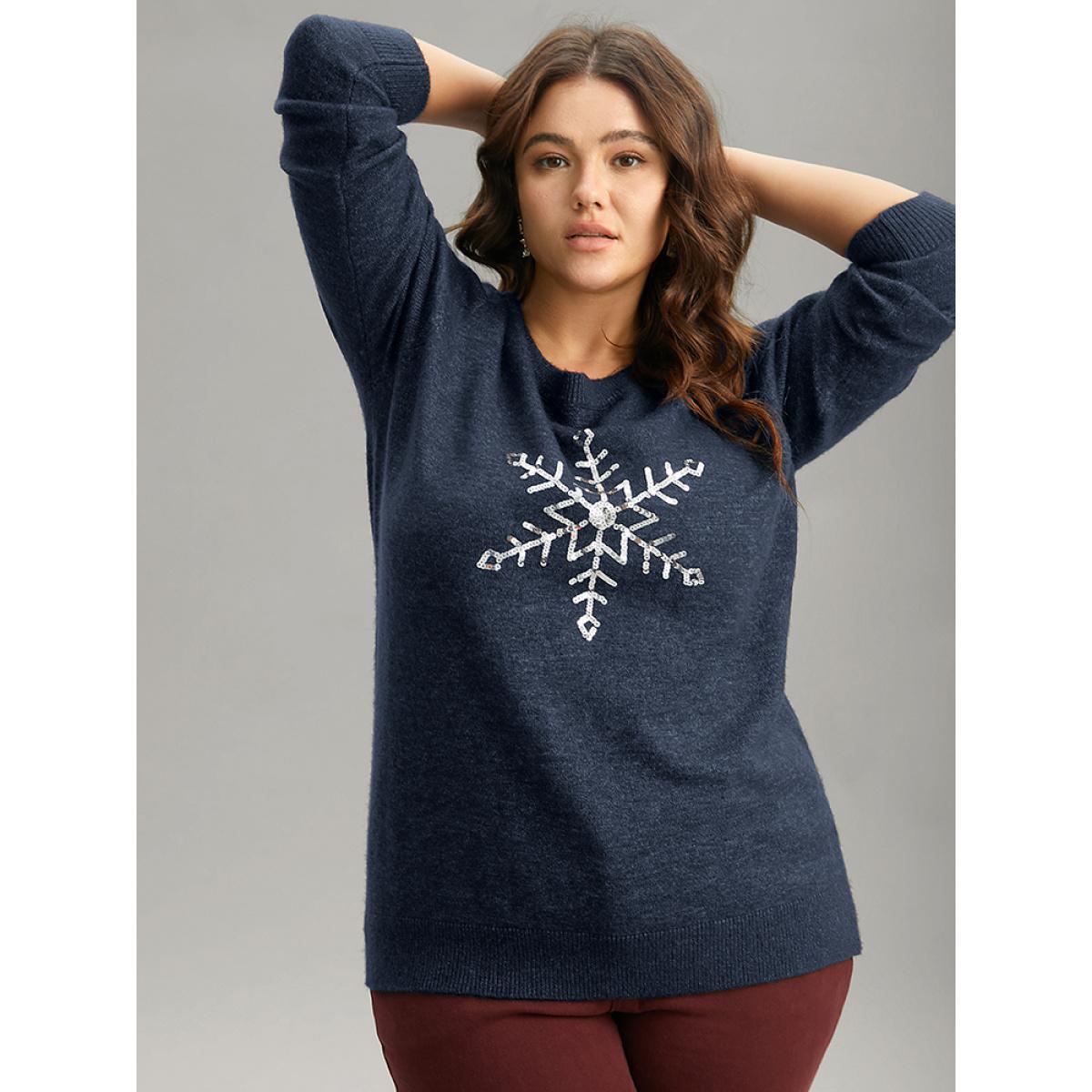 Plus Size Anti-Pilling Sequin Snowflake Round Neck Pullover Indigo Women Casual Loose Long Sleeve Round Neck Festival-Christmas Pullovers BloomChic 30/6X Product Image