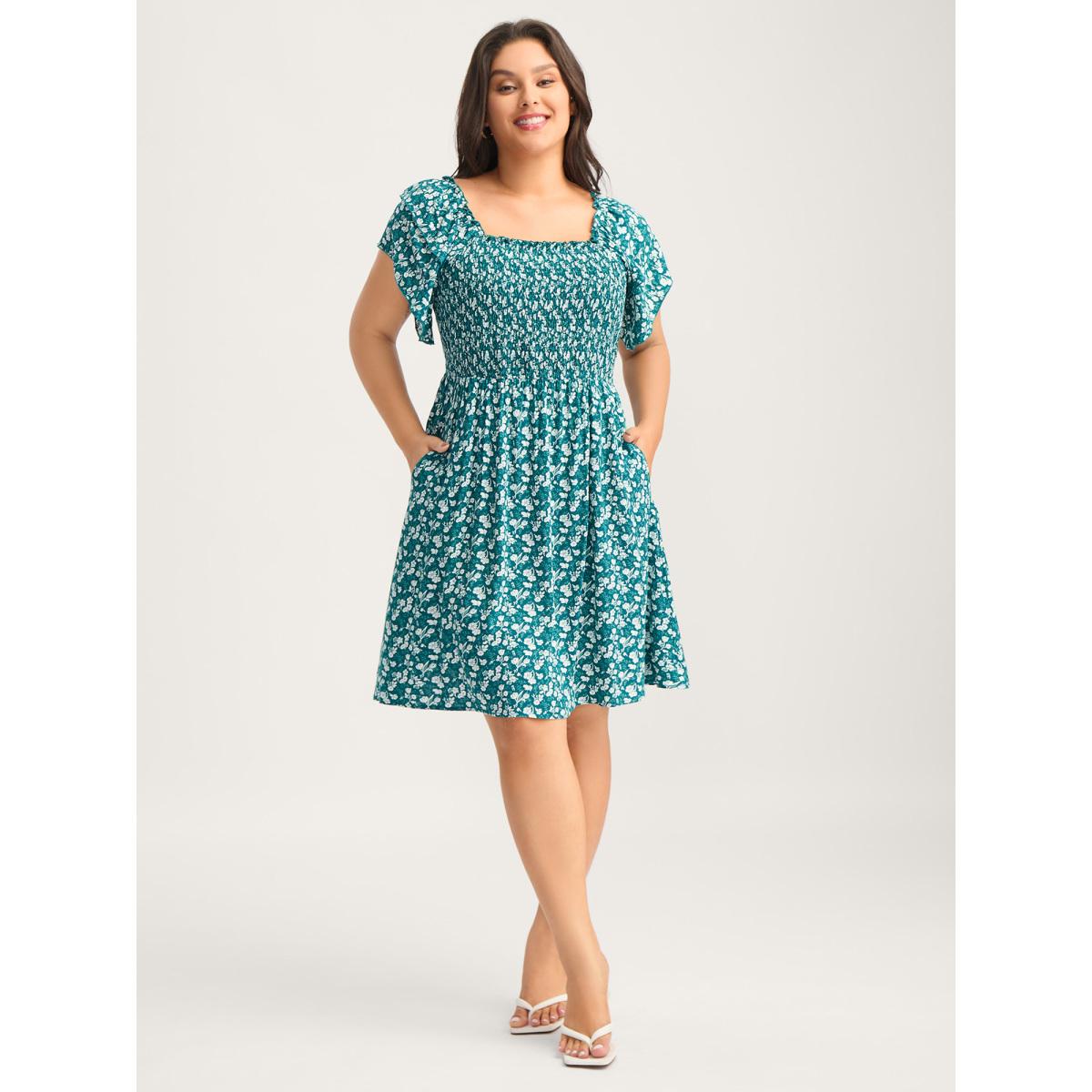Plus Size Rayon Layered Sleeve Shirred Midi Dress Teal Women Square Neck Cap Sleeve Curvy BloomChic 22-24/3X Product Image