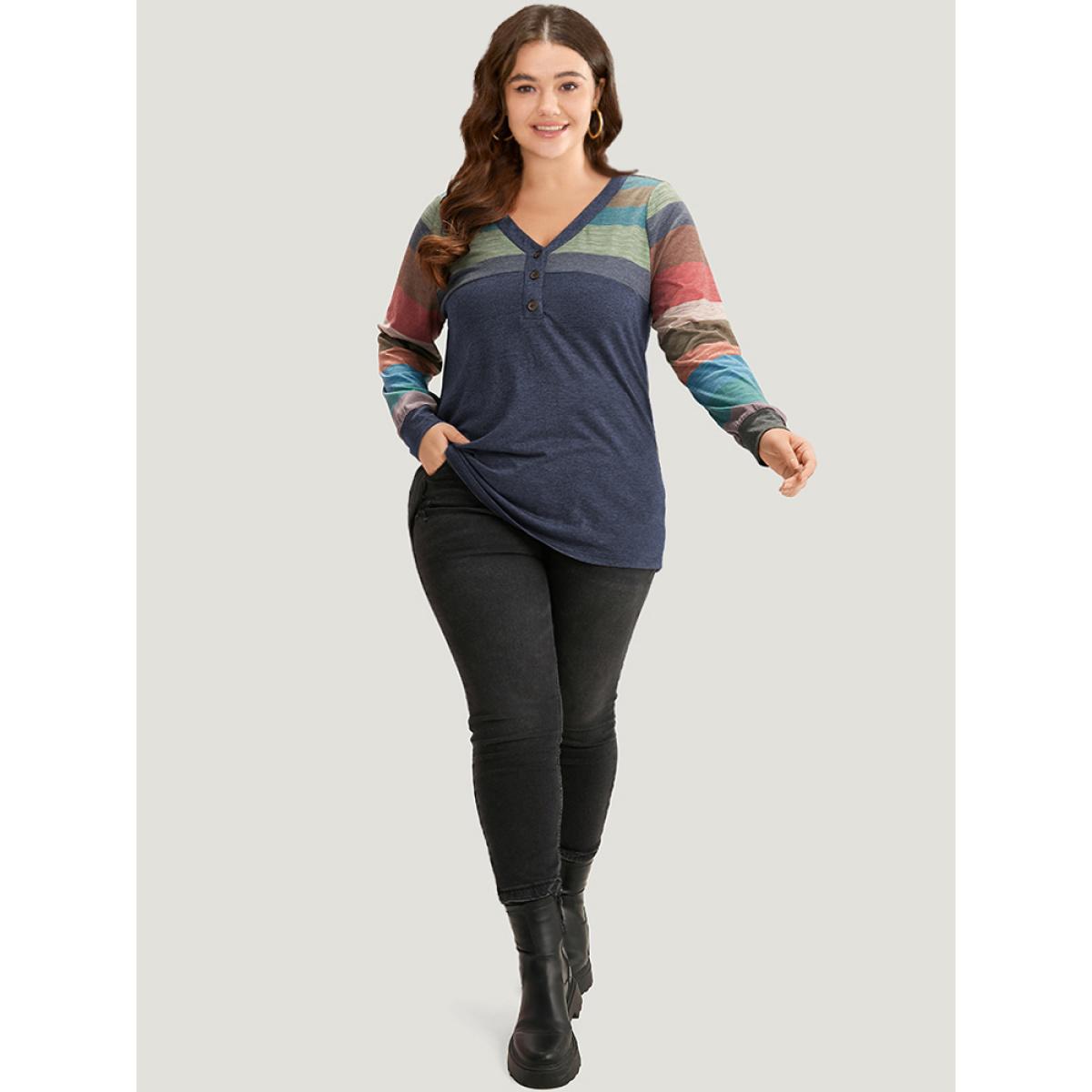 Plus Size Colorblock Contrast V Neck Button Up T-shirt Blue Women Casual Elastic cuffs Striped V-neck Everyday T-shirts BloomChic 30/6X Product Image