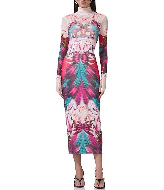 AFRM Shailene Feather Printed Turtleneck Long Sleeve Midi Dress Product Image