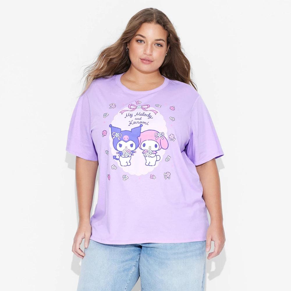 Women's My Melody & Kuromi Short Sleeve Graphic T-Shirt - Purple L: Sanrio, Cotton-Polyester, Jersey Fabric Product Image