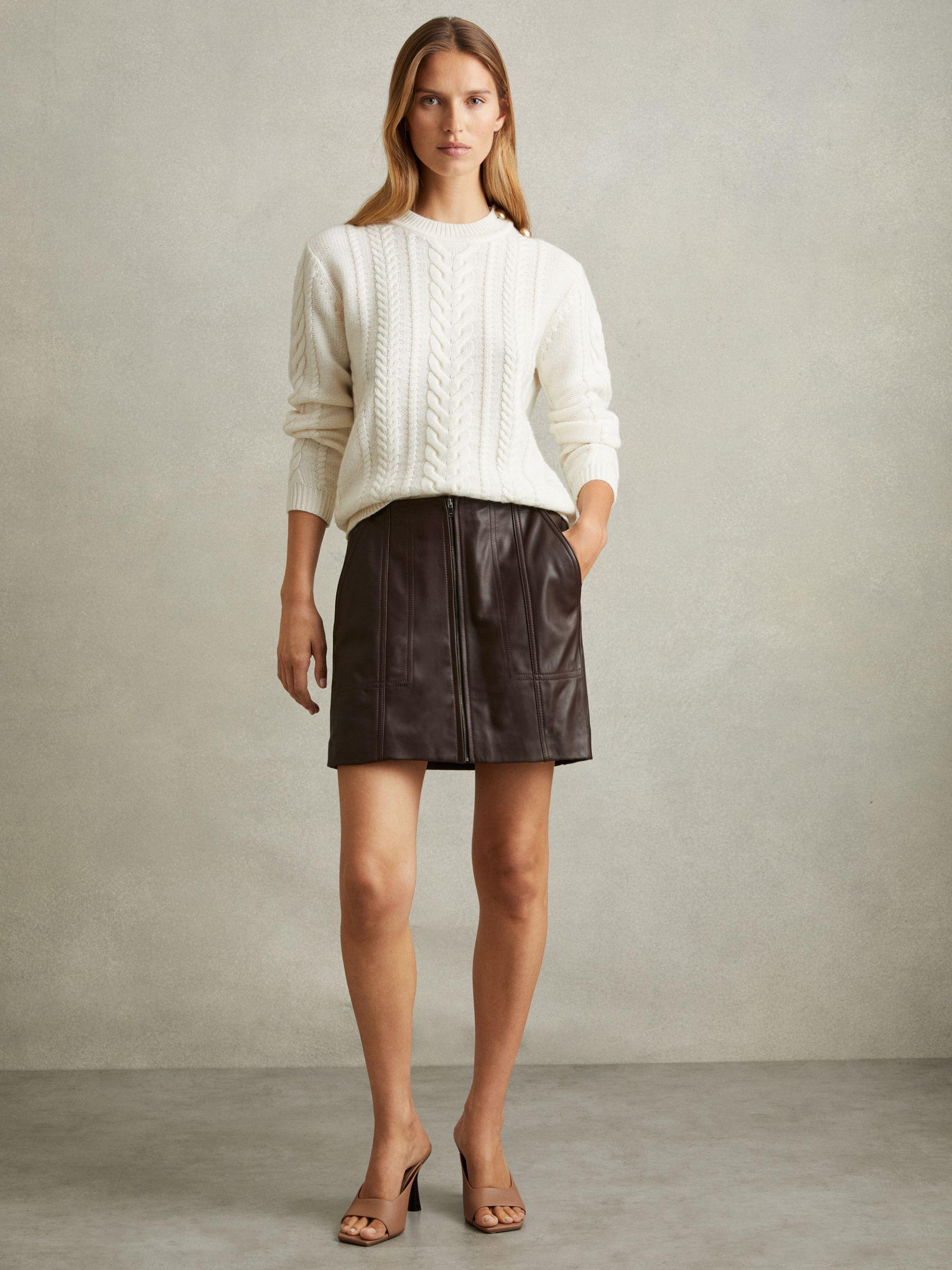 Leather Zip-Front Mini Skirt in Burgundy Product Image