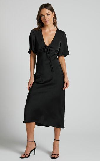 Nicholla Midi Dress - Ruched Front Angel Sleeve Slip Dress in Black Product Image