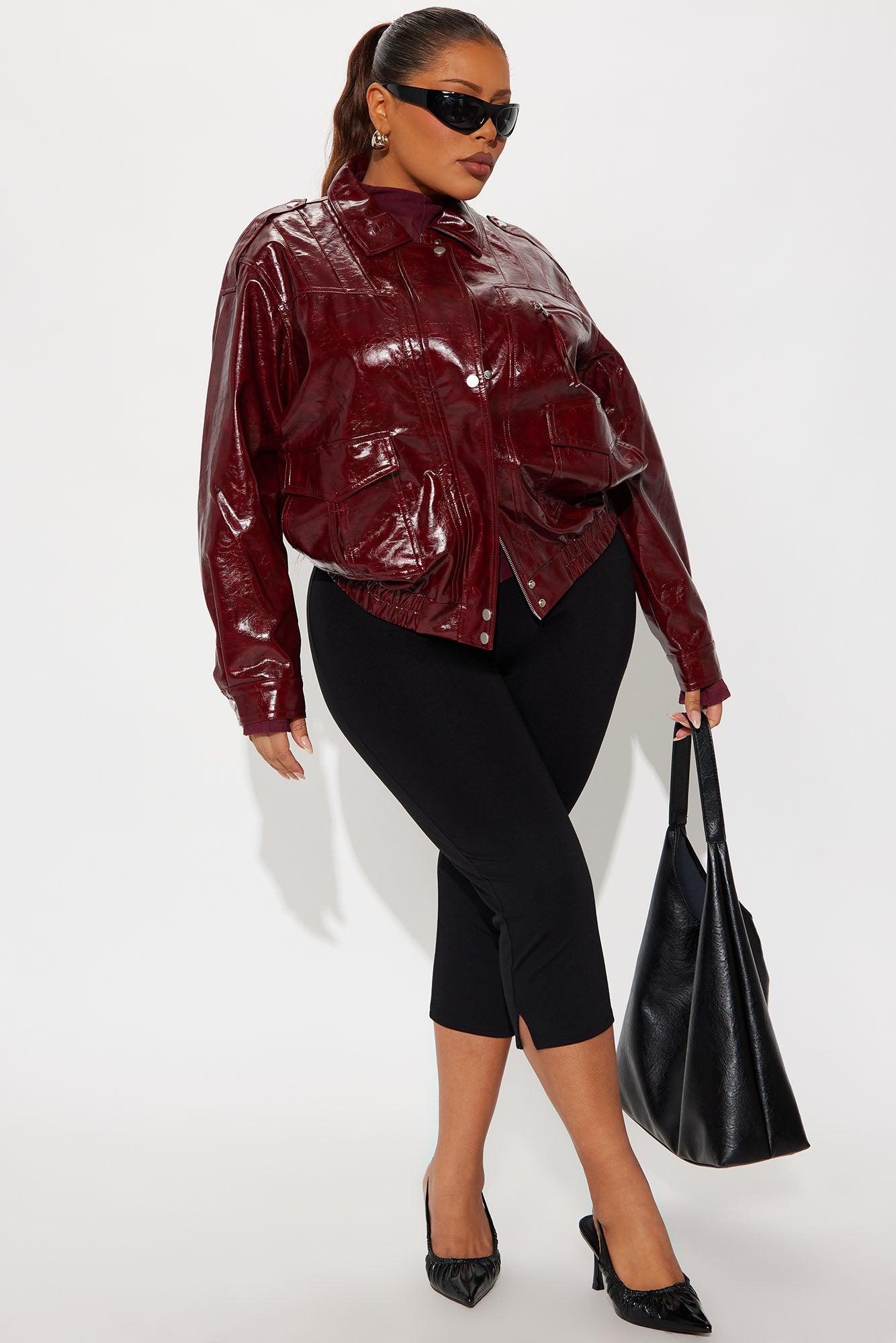 Follow My Lead Faux Leather Oversized Bomber Jacket - Burgundy Female Product Image