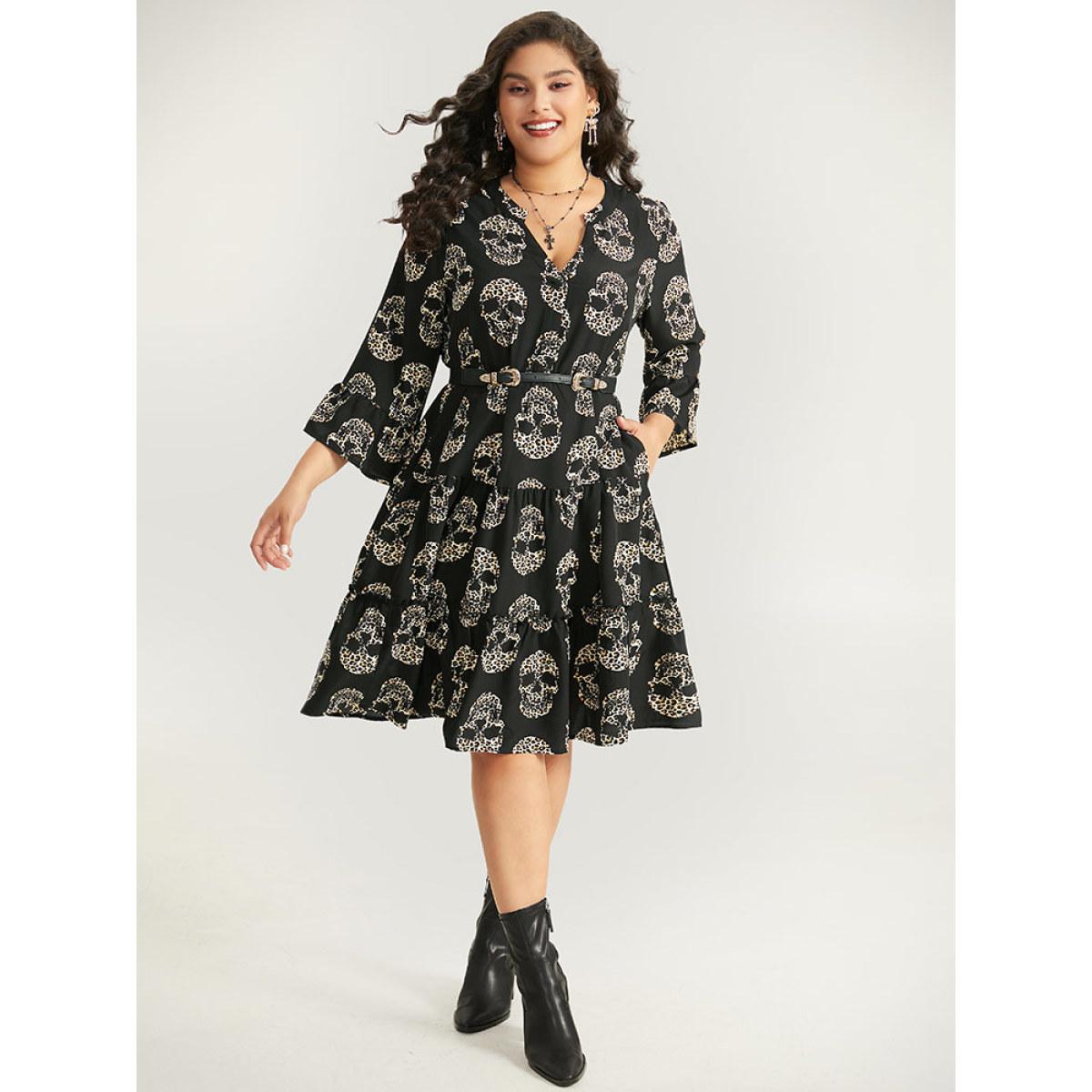 Plus Size Halloween Skull Print Notched Flutter Dress Black Women Office Gathered Notched collar Elbow-length sleeve Curvy Midi Dress BloomChic 14-16/1X Product Image