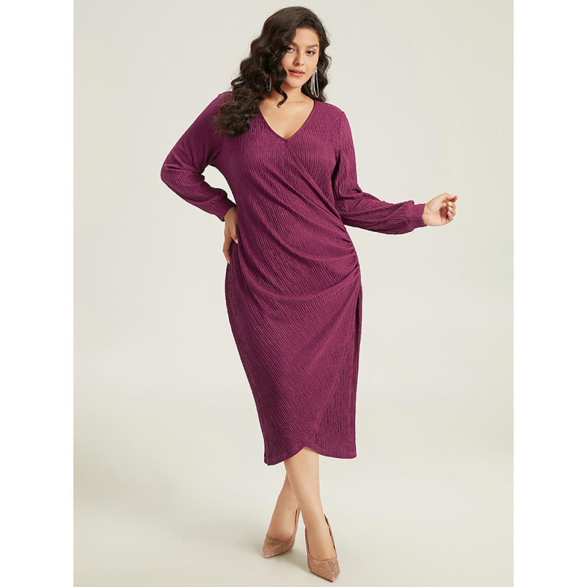 Plus Size Plain Rib Knit V Neck Wrap Pleated Dress Purple Women Party Texture V-neck Long Sleeve Curvy Midi Dress BloomChic 10/M Product Image