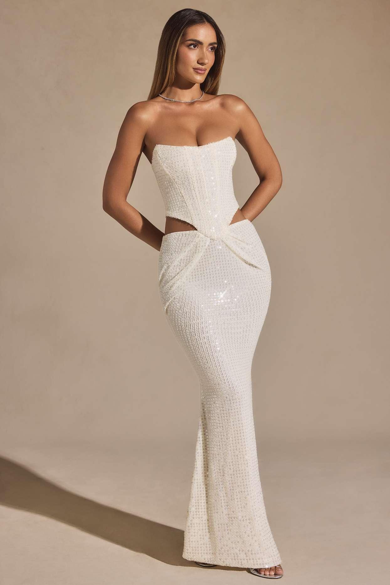 Embellished Cut-Out Draped Corset Gown in White Product Image