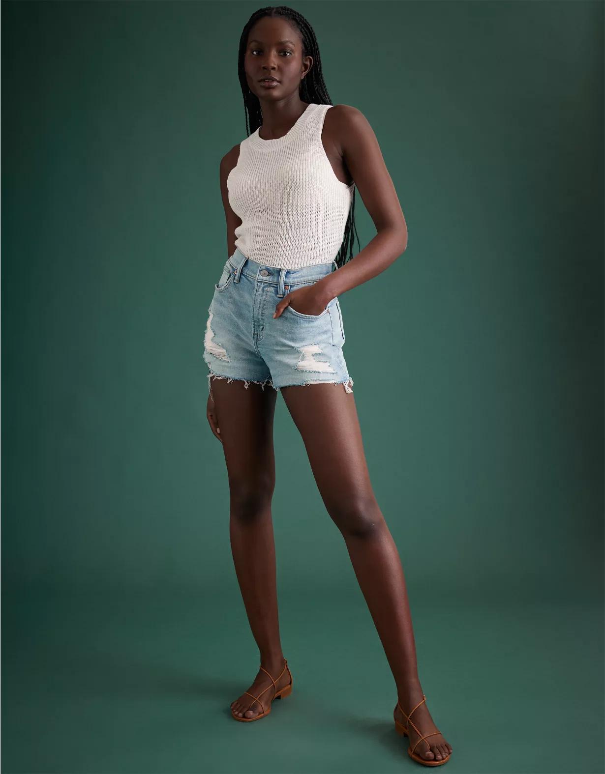 AE77 Premium High-Waisted Cut-Off Denim Short Product Image