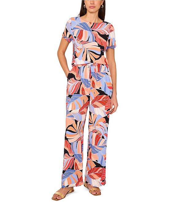 Vince Camuto Woven Tropical Palm Print Drawstring Waist Wide Leg Pants Product Image