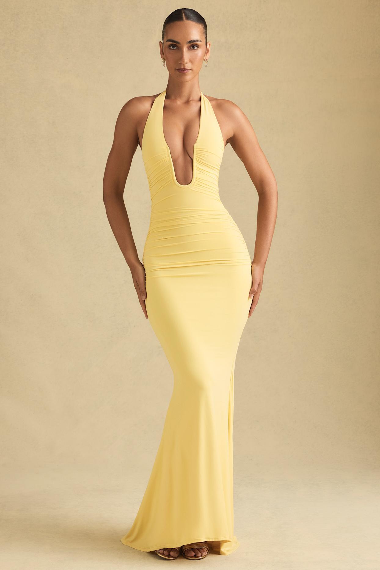 Ruched Backless Halterneck Gown in Pastel Yellow Product Image