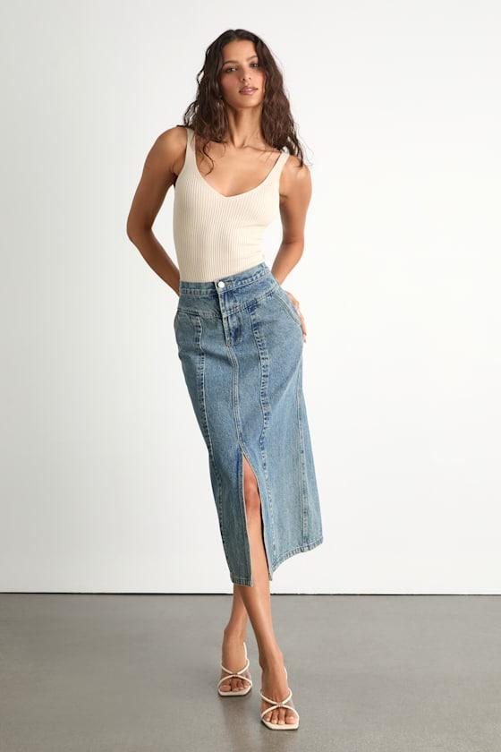 Aisling Light Wash High-Rise Denim Midi Skirt Product Image