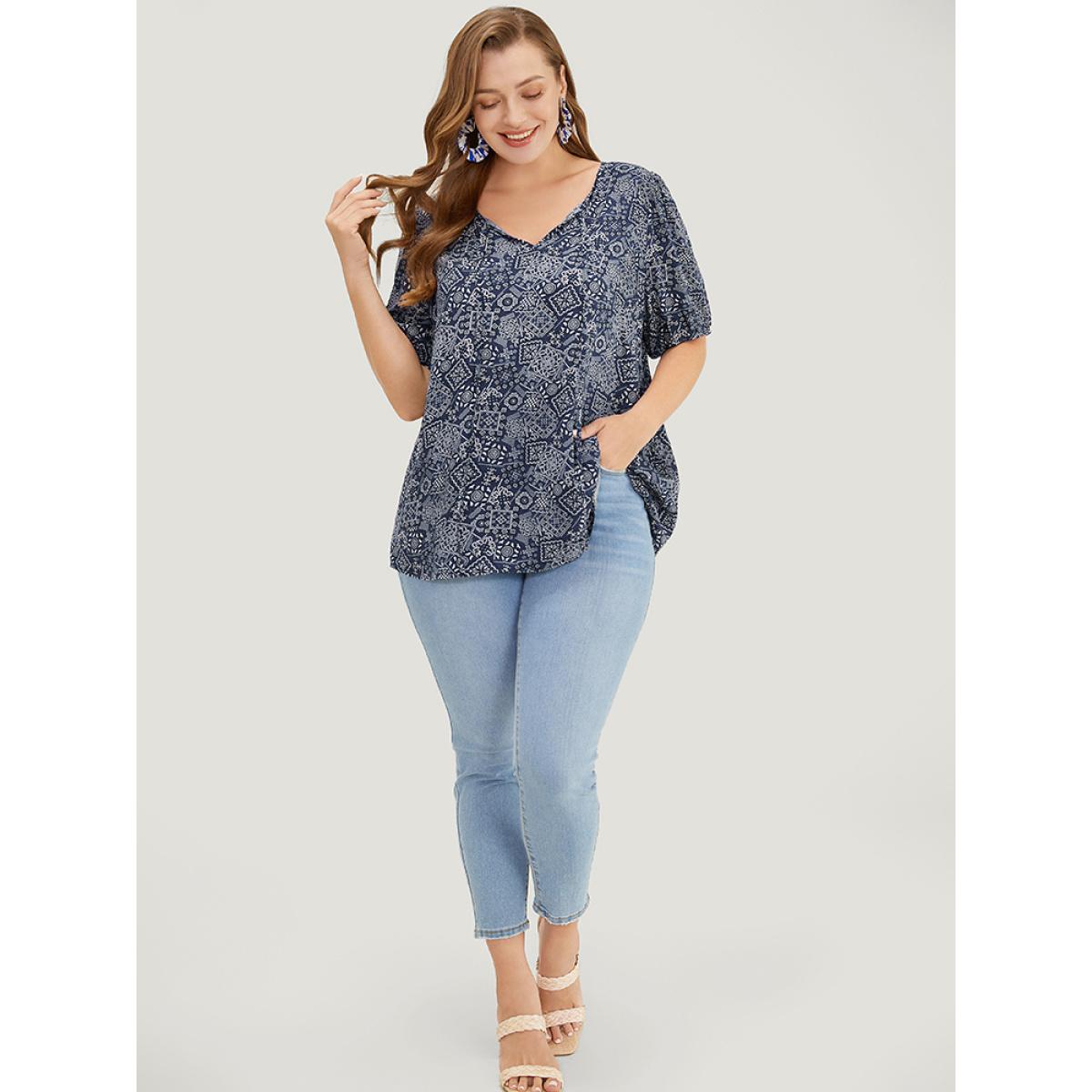 Plus Size Indigo Moroccan Print Keyhole Tie Neck Blouse Women Vacation Short sleeve V-neck Office Blouses BloomChic 28/5X Product Image