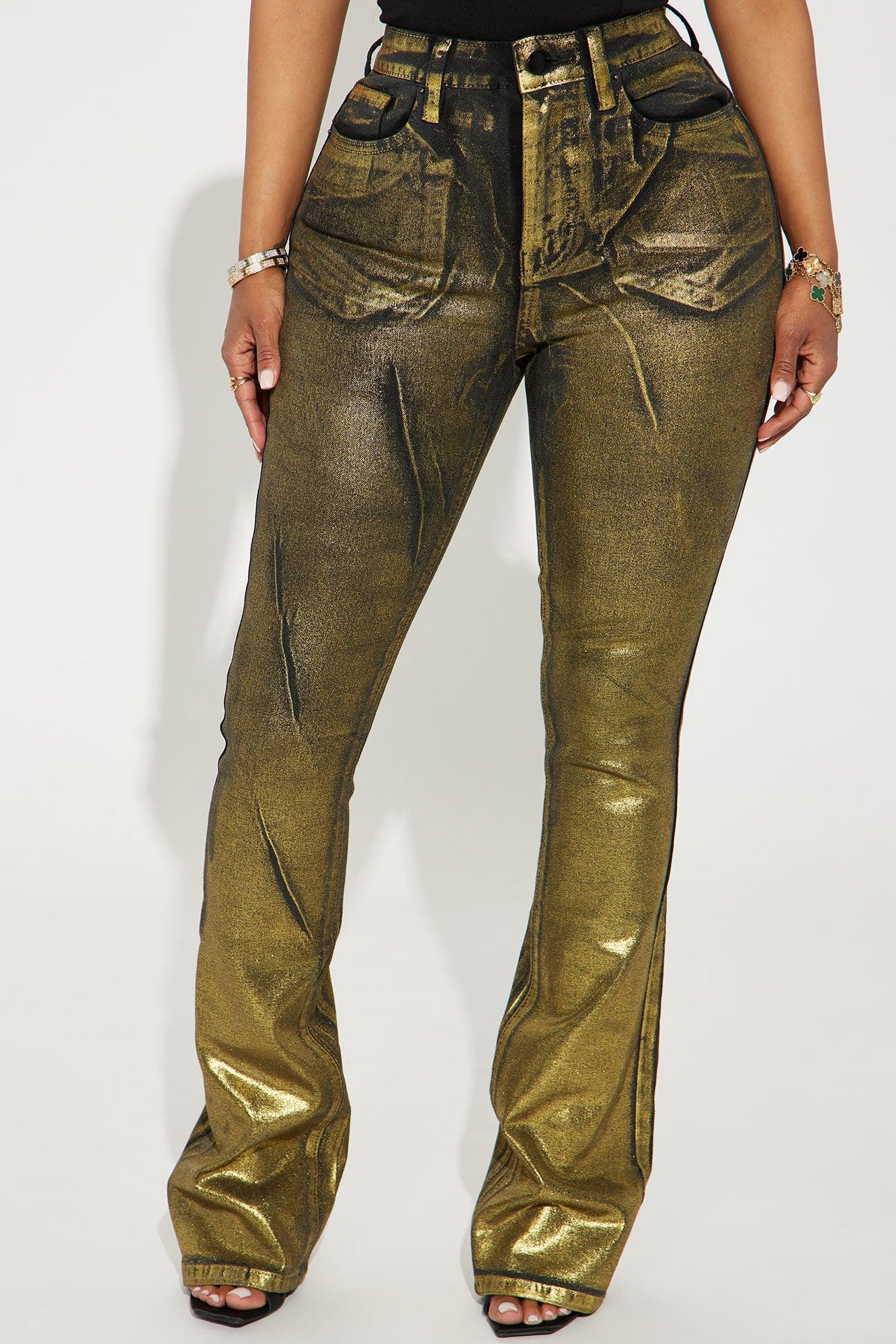 So Golden Foil Print Stretch Bootcut Jeans - Black/Gold Product Image