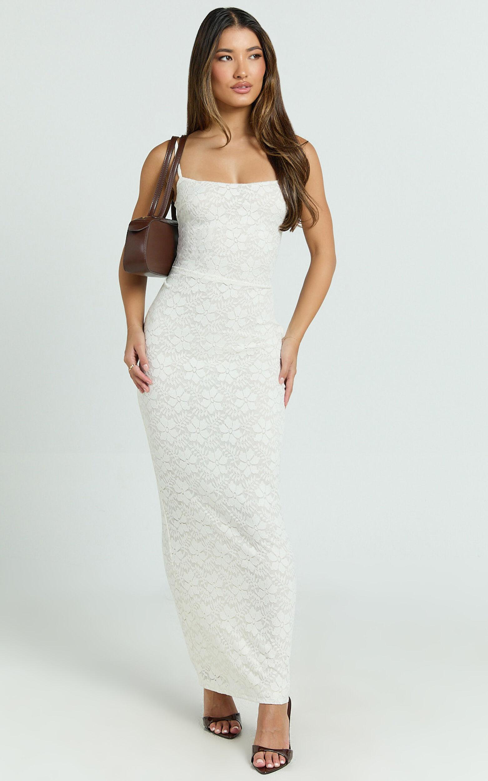Carly Maxi Dress - Stretch Lace Scoop Neck Dress in Off White Product Image