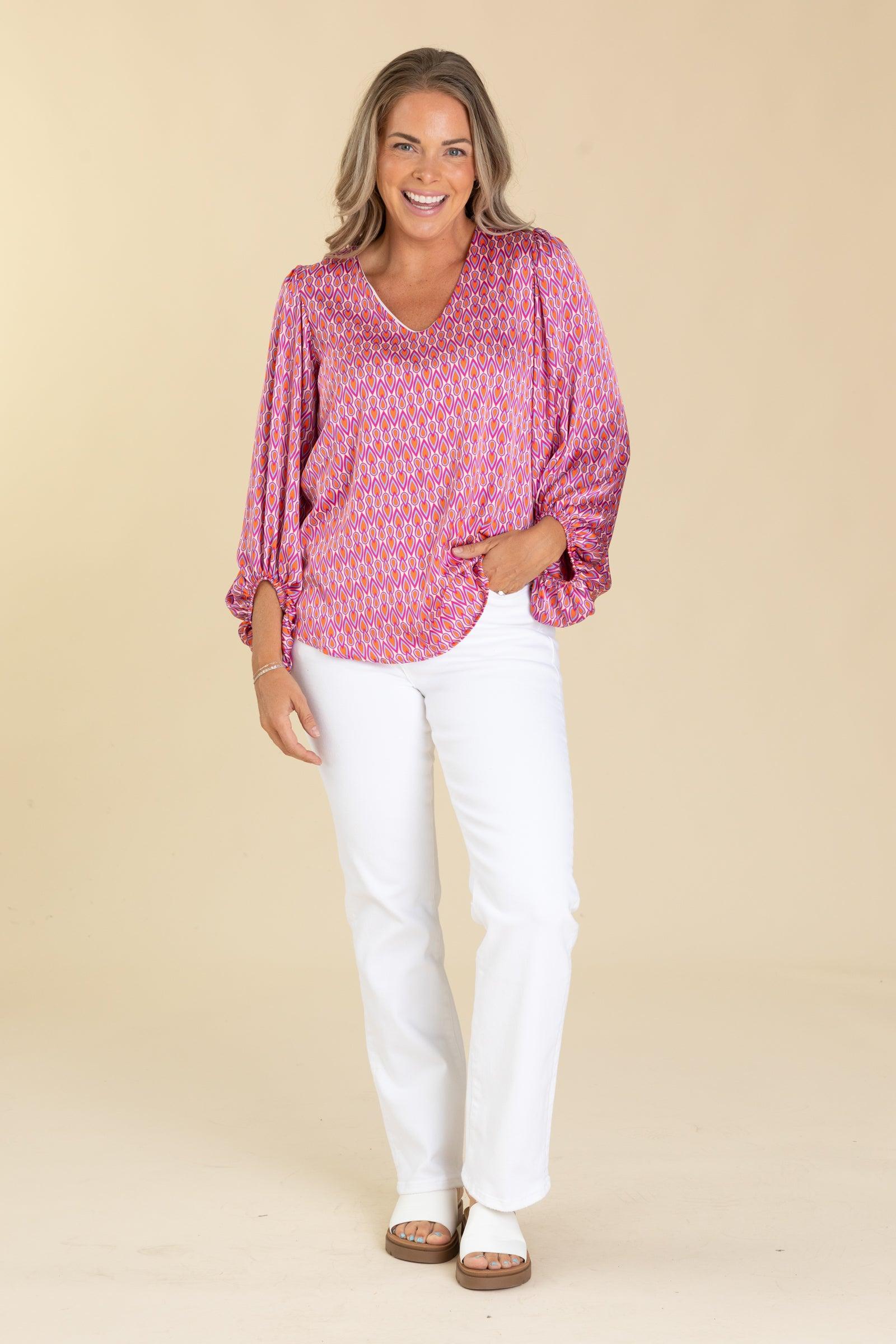 Pink Geometric Print V-Neck Long Sleeve Top Product Image