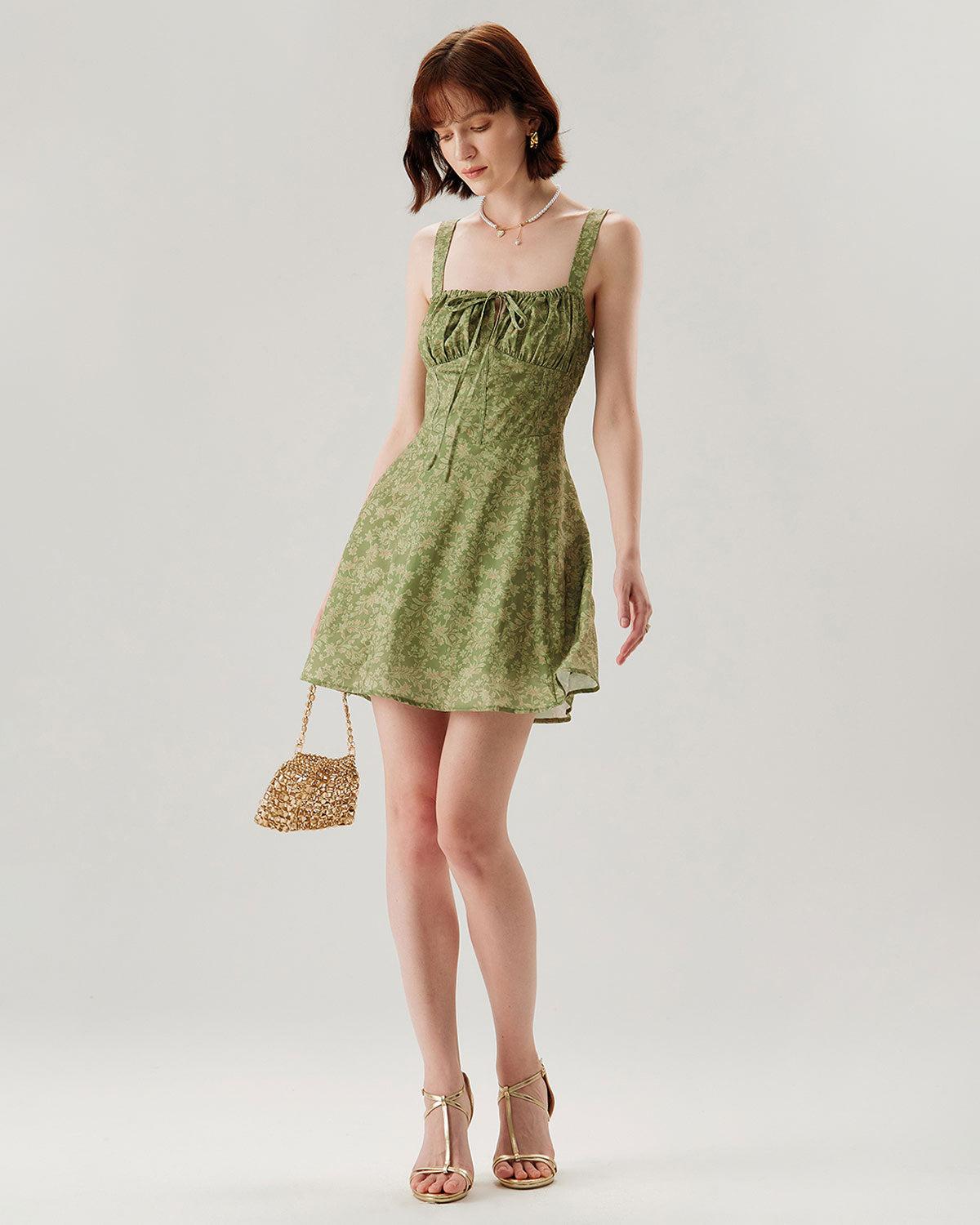 Green Floral Ruched Slip Mini Dress Product Image