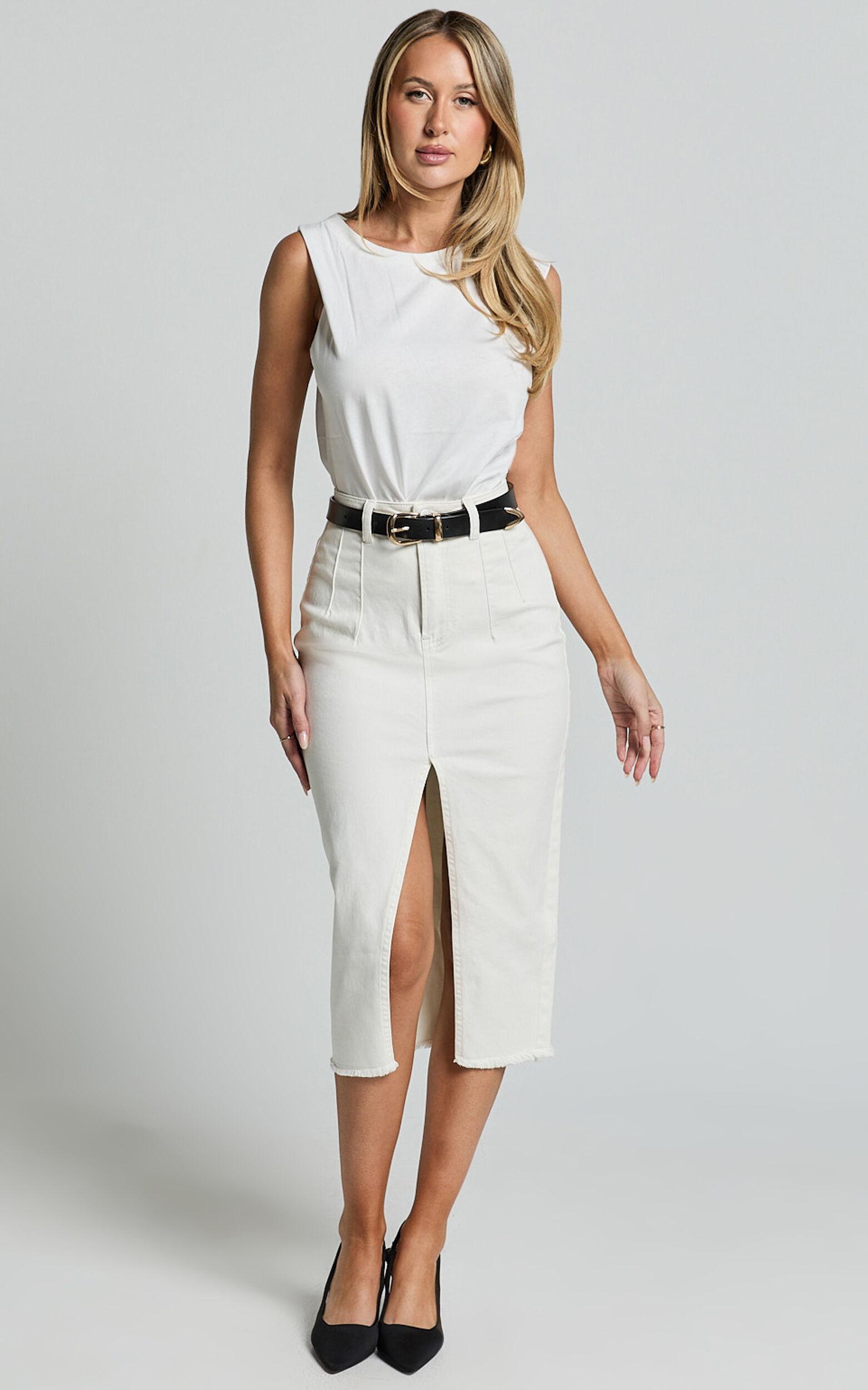 Janeve Midi Skirt - Front Split Denim Skirt in Ecru Product Image