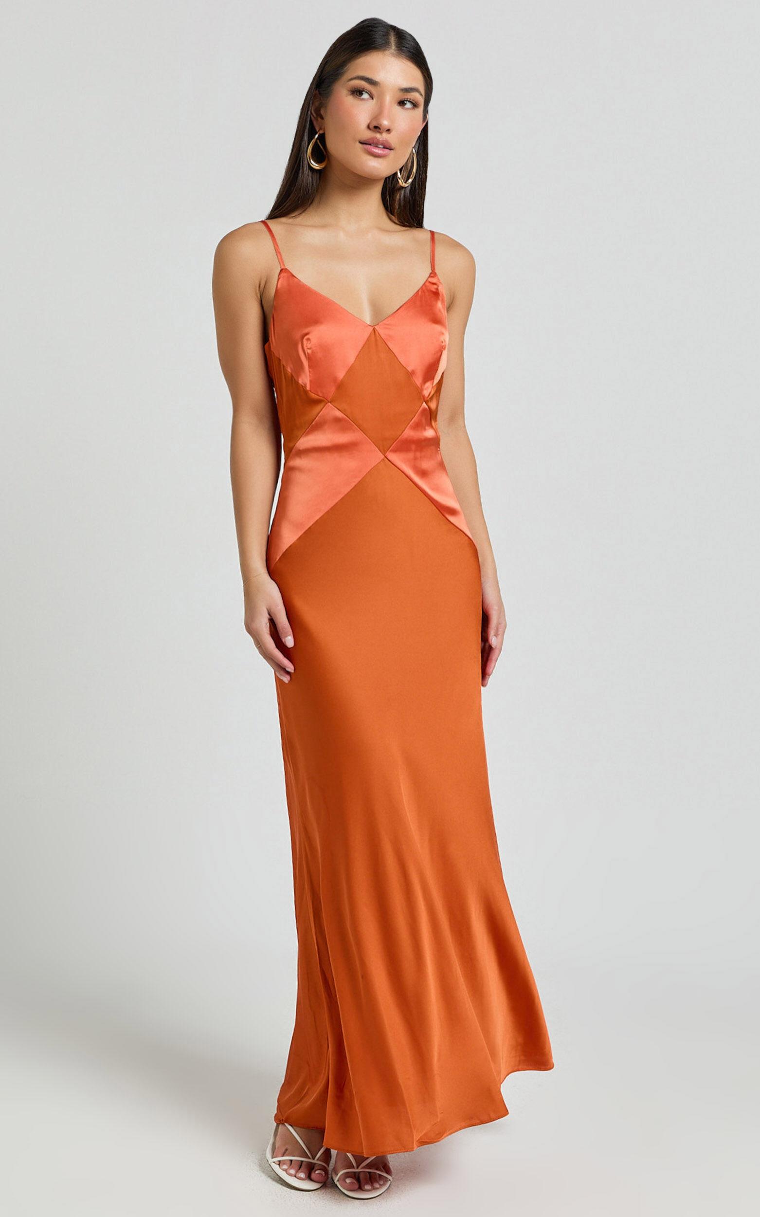 Amira Midi Dress - V Neck Sleeveless Slip Dress in Orange Product Image